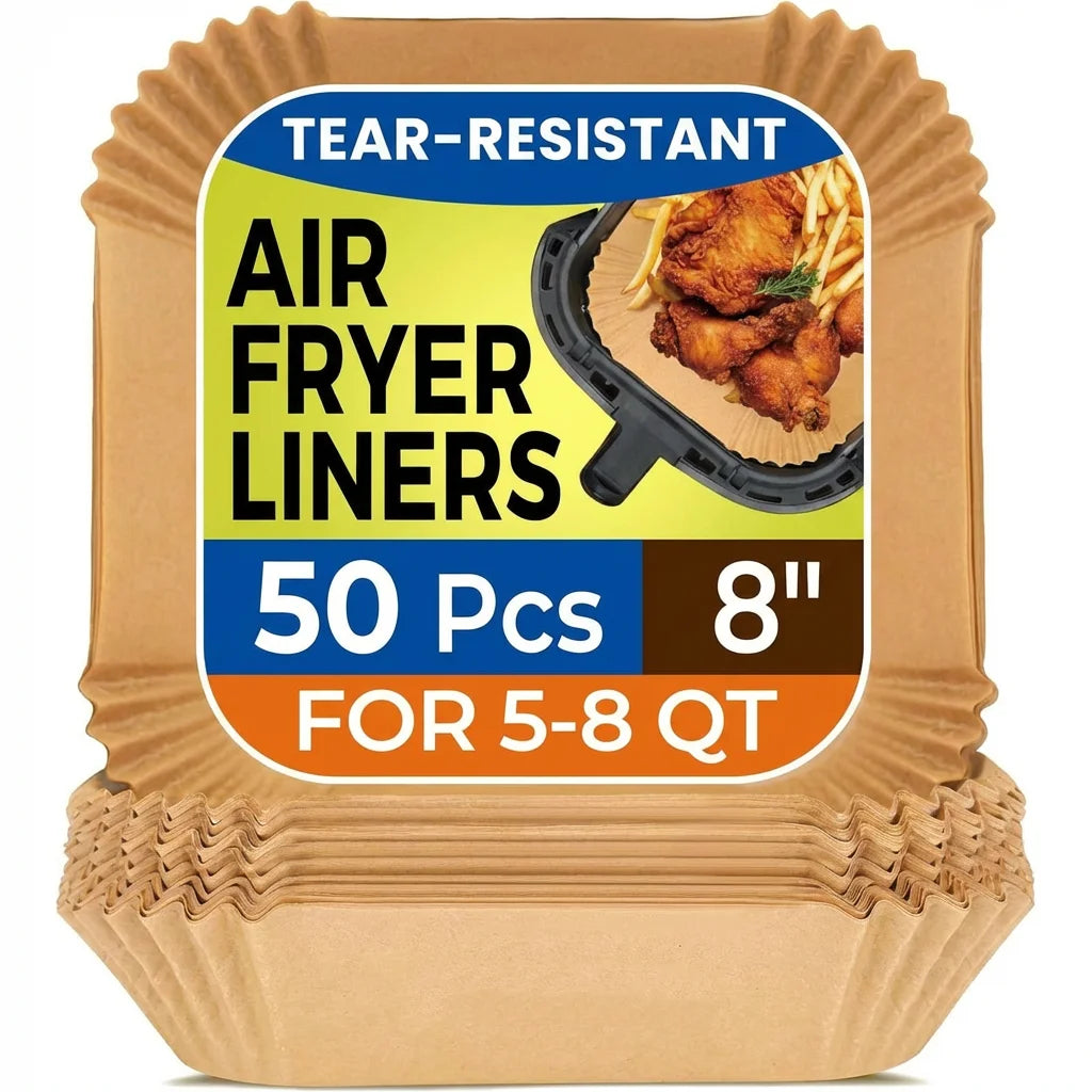 Air Fryer Paper Liners 50Pcs, 8 Inch Square Non-Stick Parchment Liners, Disposable Bleach Free Liners for Air Fryer & Microwave