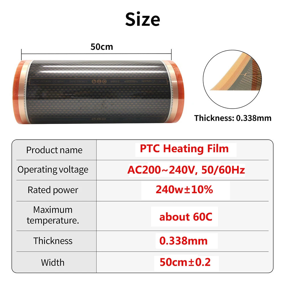 MINCO HEAT 240w/m2 New Graphene PTC Heating Film Infrared AC200~240V about 60C Warm Floor Heating Mat