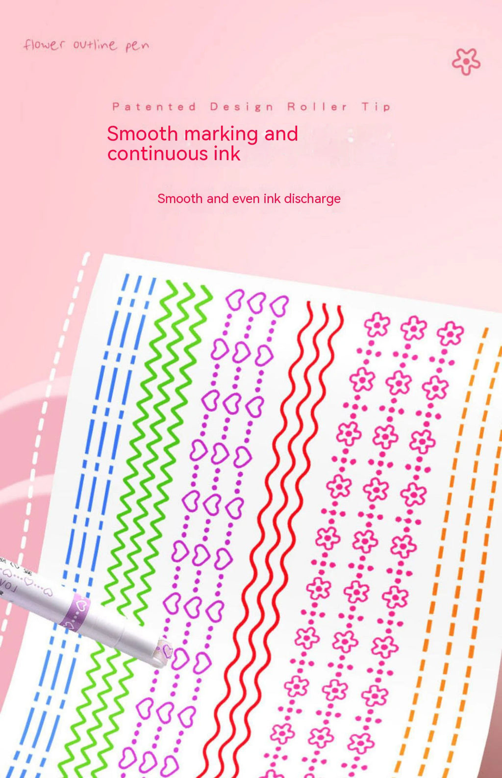 Kawaii Flowers Line Shaped Highlighter Pens, Roller Tip, Curve Liner, Marker for Writing, Journaling,Drawing Stationery, 6Pc Set
