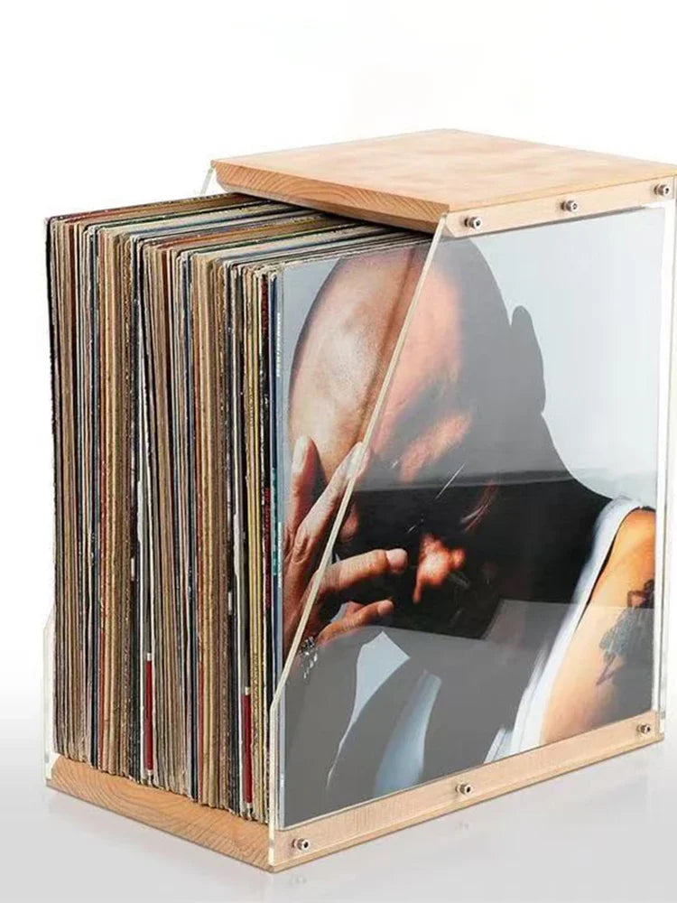 Solid Wood Record Rack Desktop Decoration Transparent Vinyl Record Display Stand Tape and Book Storage Box Solid Wood Storage Sh