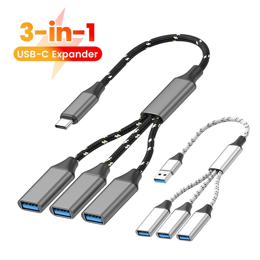 3 in 1 USB USB C Splitter Cable Expansion HUB Multi 3 USB Ports Expansion Converter for Car, Laptop,PC/Computer,Keyboard/Mouse