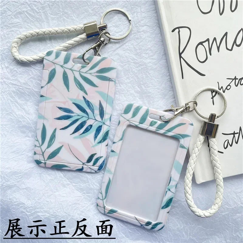 1Pc Solid Color Student Bus ID Card Protective Cover Keyring School Access Door Card Credit Card Holder Bag Set Key Chain