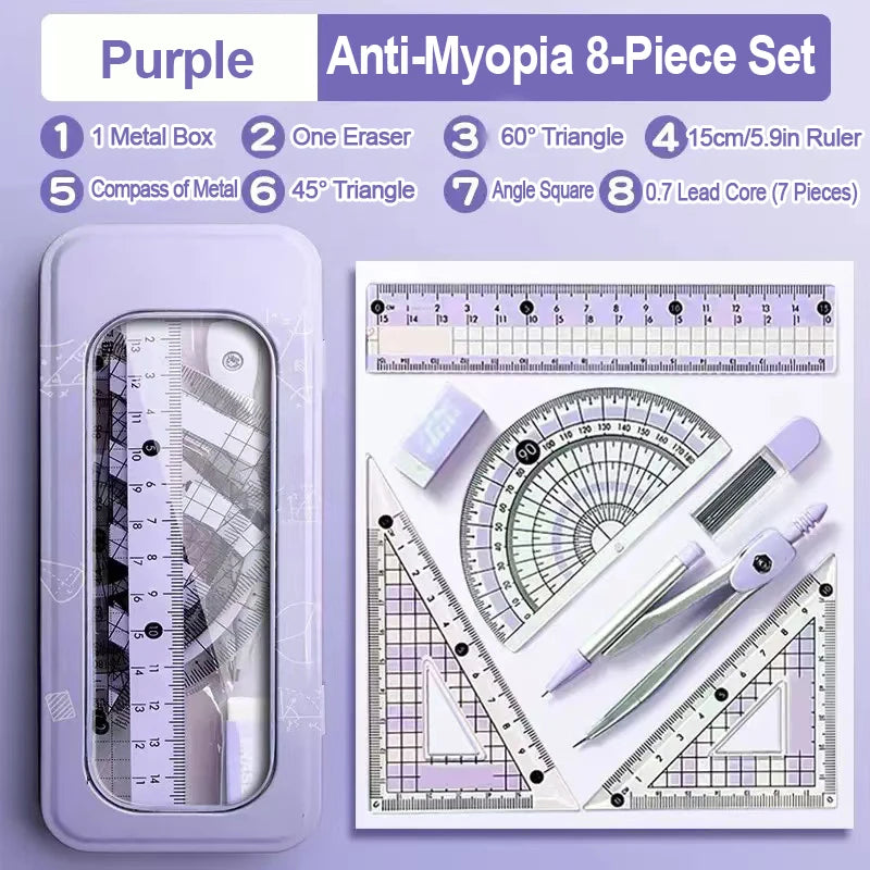 8-Piece Set of Measuring Rules for Students Including Compass Measuring Angle Ruler Triangular Ruler Measuring and Drawing Compl