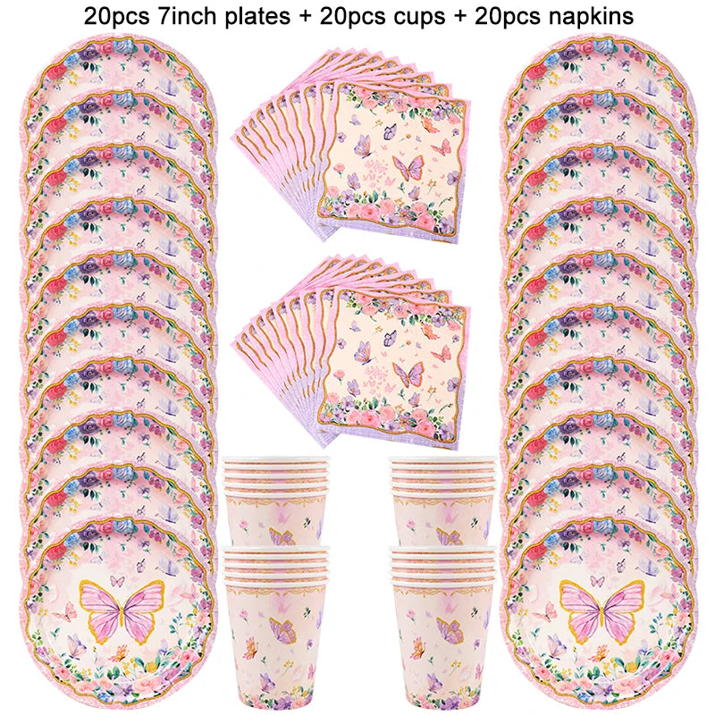 Butterfly Disposable Tableware Set Paper Plate Cup Napkins Pink Butterfly Birthday Party Decoration Baby Shower Wedding Supplies