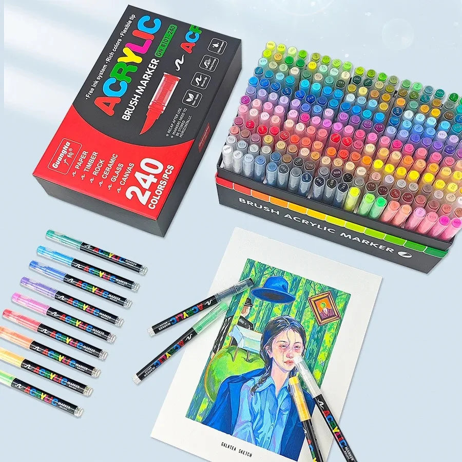 GuangNa 12/360/408 Colors Acrylic Paint Pen Markers Acrylic Skin Color Brush Tip Paint Marker for Wood Rock Painting Canvas Gift