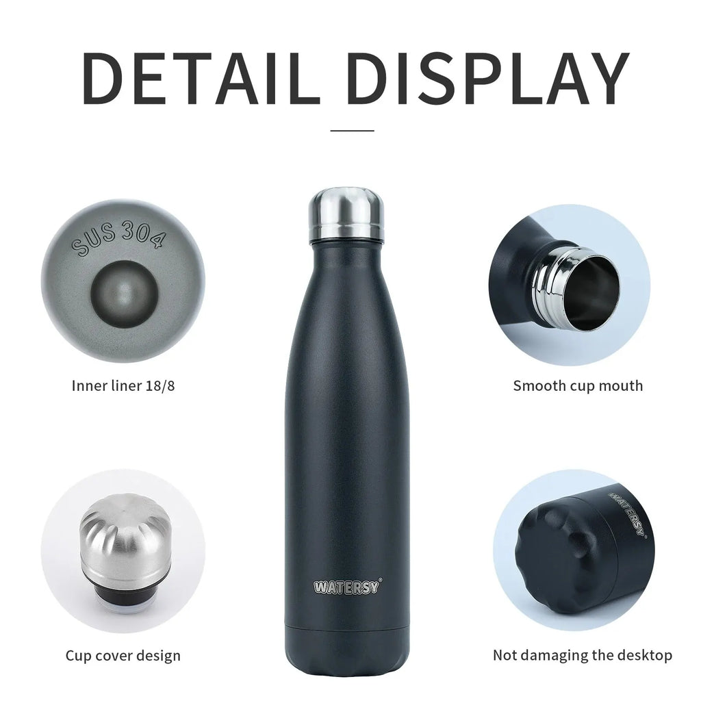 WATERSY 500ml Stainless Steel Water Bottle Insulated Vacuum Flask Double Wall Thermal Cup Keep Cold Hot Sports Kettle