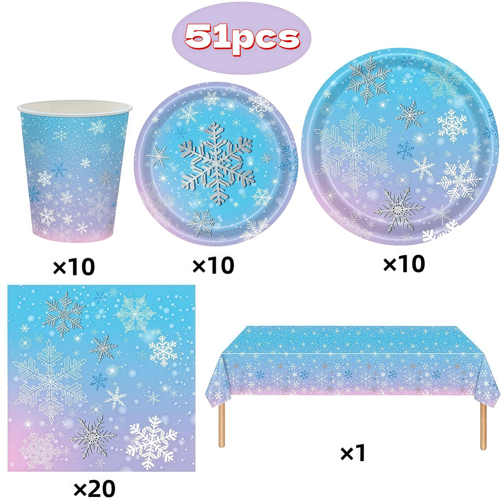 Christmas Snowflake Party Supplies Tableware Set Cups Plates Napkins Tablecloth Blue Purple Snowflake Birthday Decoration Props