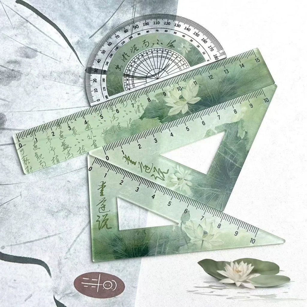 Cartoon 4pcs Ruler Set, Acrylic Straight Ruler Triangle Ruler Protractor, Cute Stationery Measuring Tools for Students