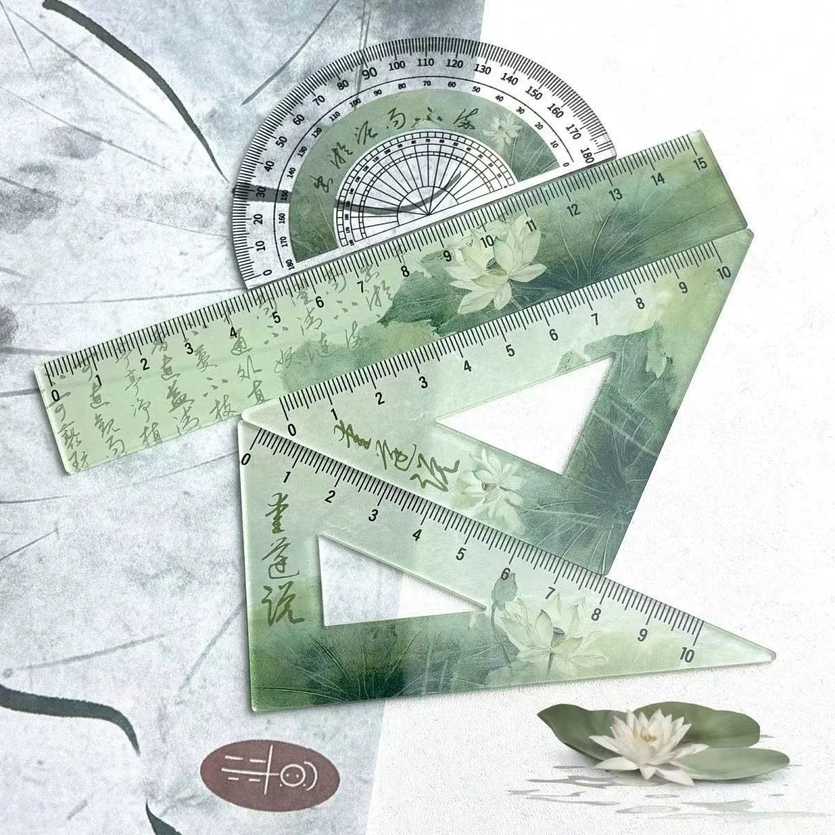 Cartoon 4pcs Ruler Set, Acrylic Straight Ruler Triangle Ruler Protractor, Cute Stationery Measuring Tools for Students