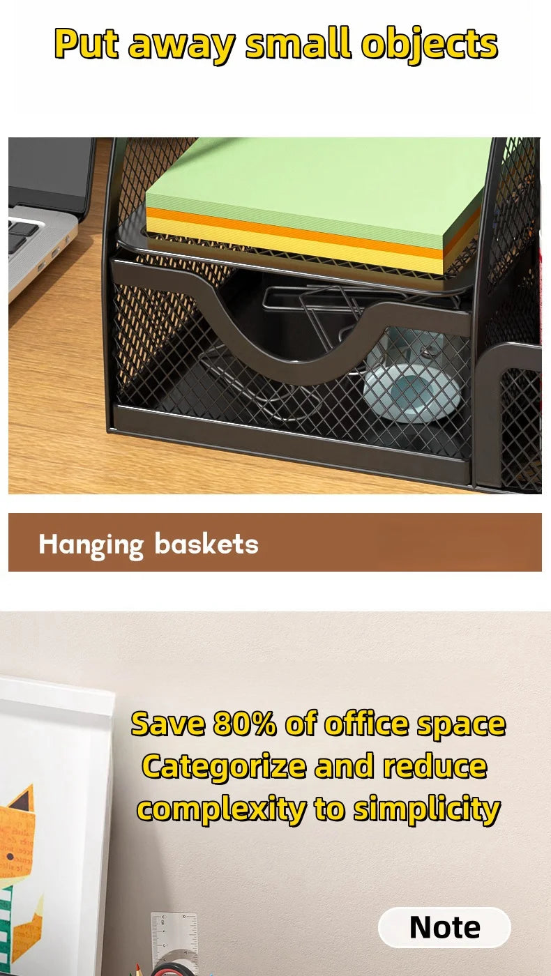 Desk Stationery Organizer Creative Metal Pen Holder Pencil File Storage Rack 7 Grid Storage Box Divided Container Office Access