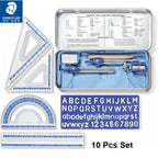 STAEDTLER 10-Piece Math Set with Metal Compass, 6" Ruler & Triangle Squares, 45° & 30/60° Set Squares, Alphabet Stencil Tool