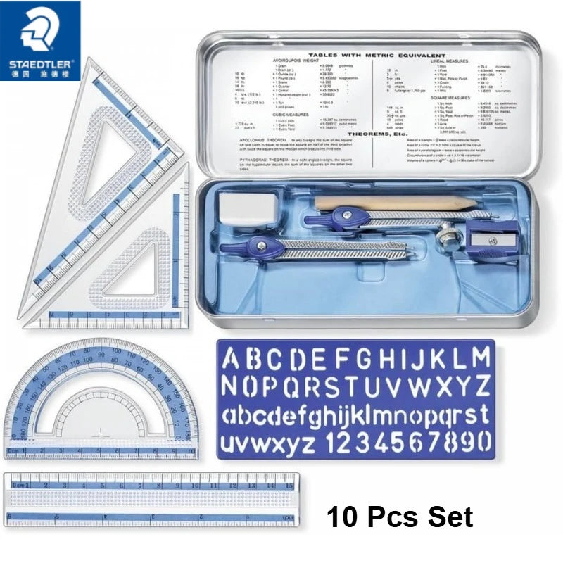 STAEDTLER 10-Piece Math Set with Metal Compass, 6" Ruler & Triangle Squares, 45° & 30/60° Set Squares, Alphabet Stencil Tool