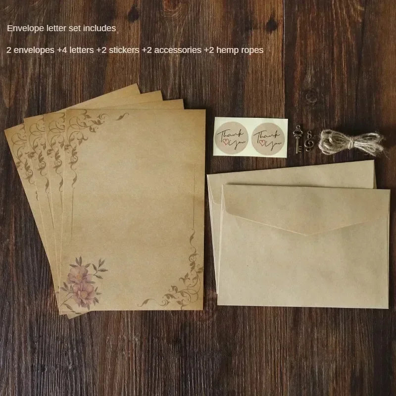Retro Vintage Kraft Envelope Letter Pad Set Old Europe Style Love Letter Invitation Envelopes Writing Paper With Rope