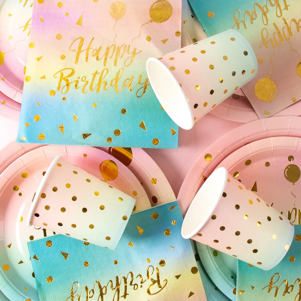 Pastel Rainbow Party Birthday Disposable Tableware Gold Dot Rainbow Gradient Paper Plate Cup Napkin Birthday Wedding Supplies