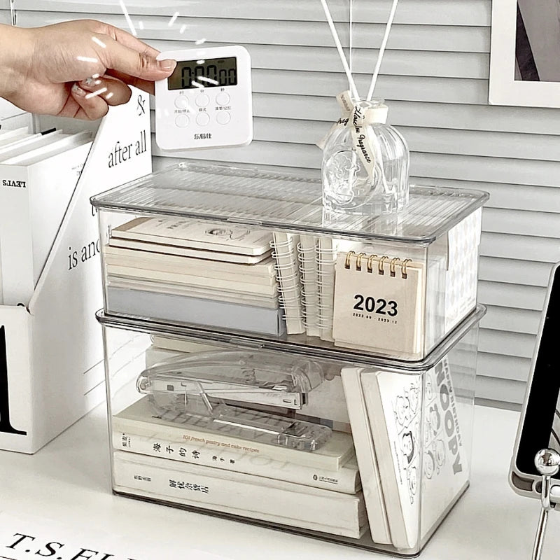 Desktop Storage Box Large Capacity with Lid Cosmetic Organizer Box Transparent Office Supplies Book Document Storage Box