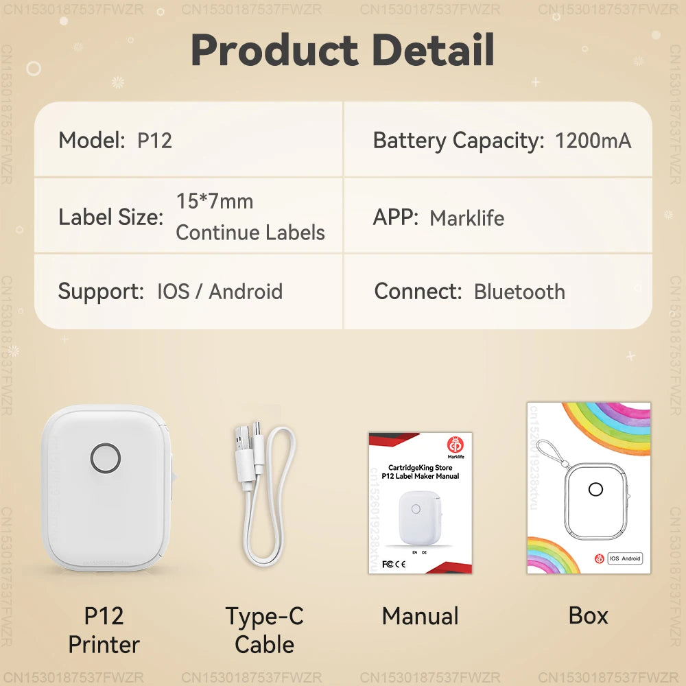 Adhesive Label Printer Marklife P12 Portable Mini Printer P12 Thermal Label Maker Wireless Bluetooth Labeling Machine or Sticker