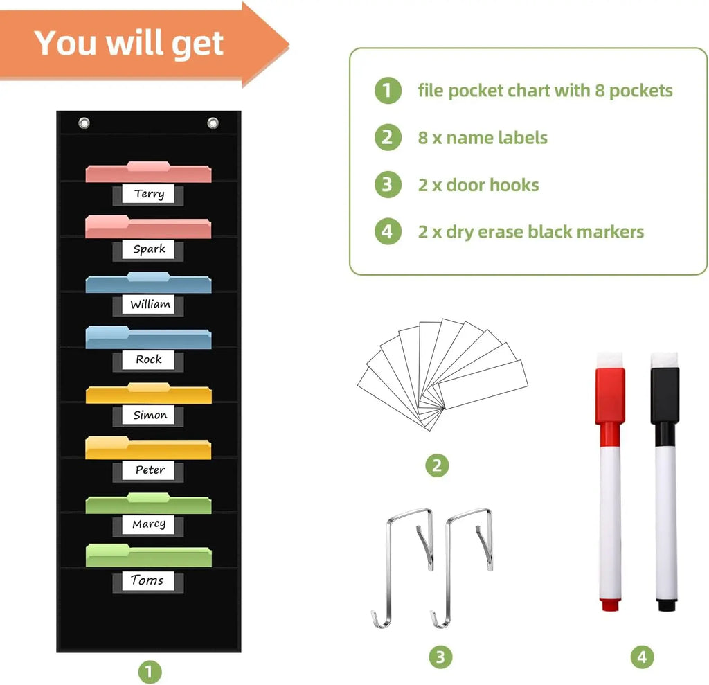 12 Pocket File Storage Chart Wall-Mounted Organizer with Hooks And Labels for  Office Organization Hanging Pocket Folder Rack