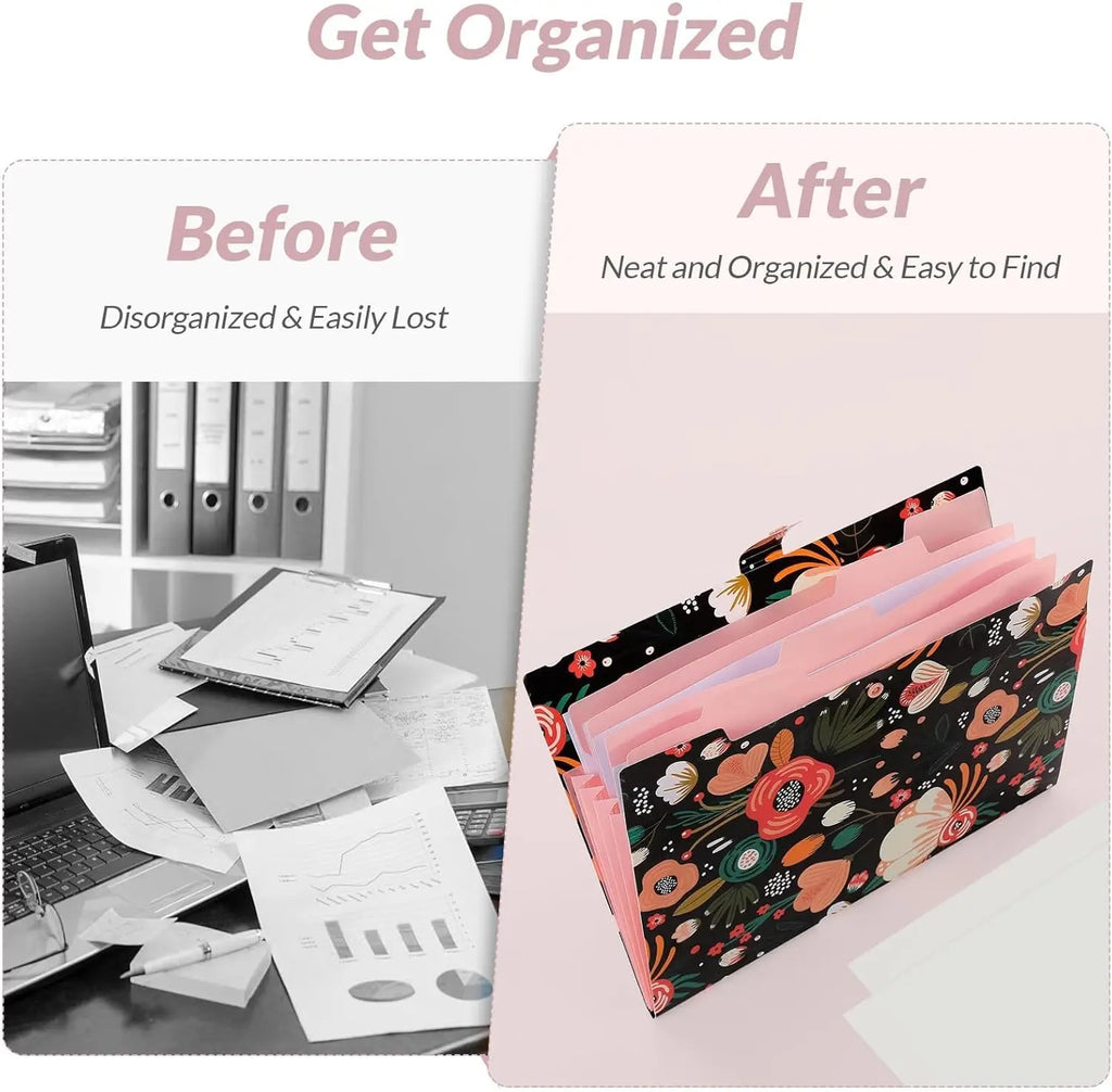 Expanding File Folder with 5 Pockets Floral Accordion Organizer for Important Documents Receipts Portable School Office Supplies Black