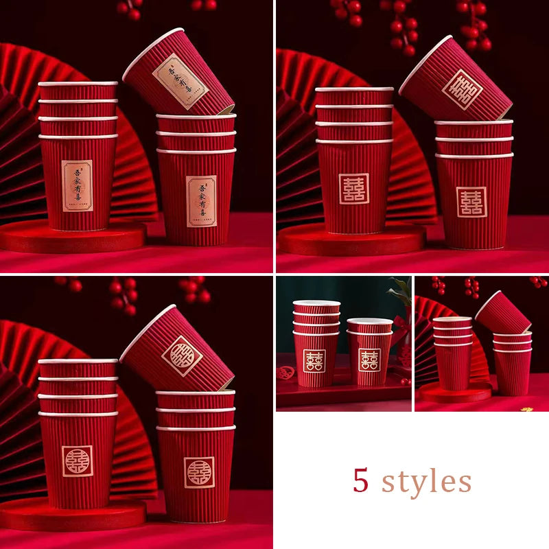 40/60 Pcs Chinese Style Wedding Red Cup Disposable Thicken Chinese Red Wedding Banquet Paper Cup Party Decor Supplies