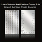 3-Inch Stainless Steel Precision Square Ruler, Dual Scale Metric/Imperial Conversion, Compact & Portable Pocket Measuring Tool