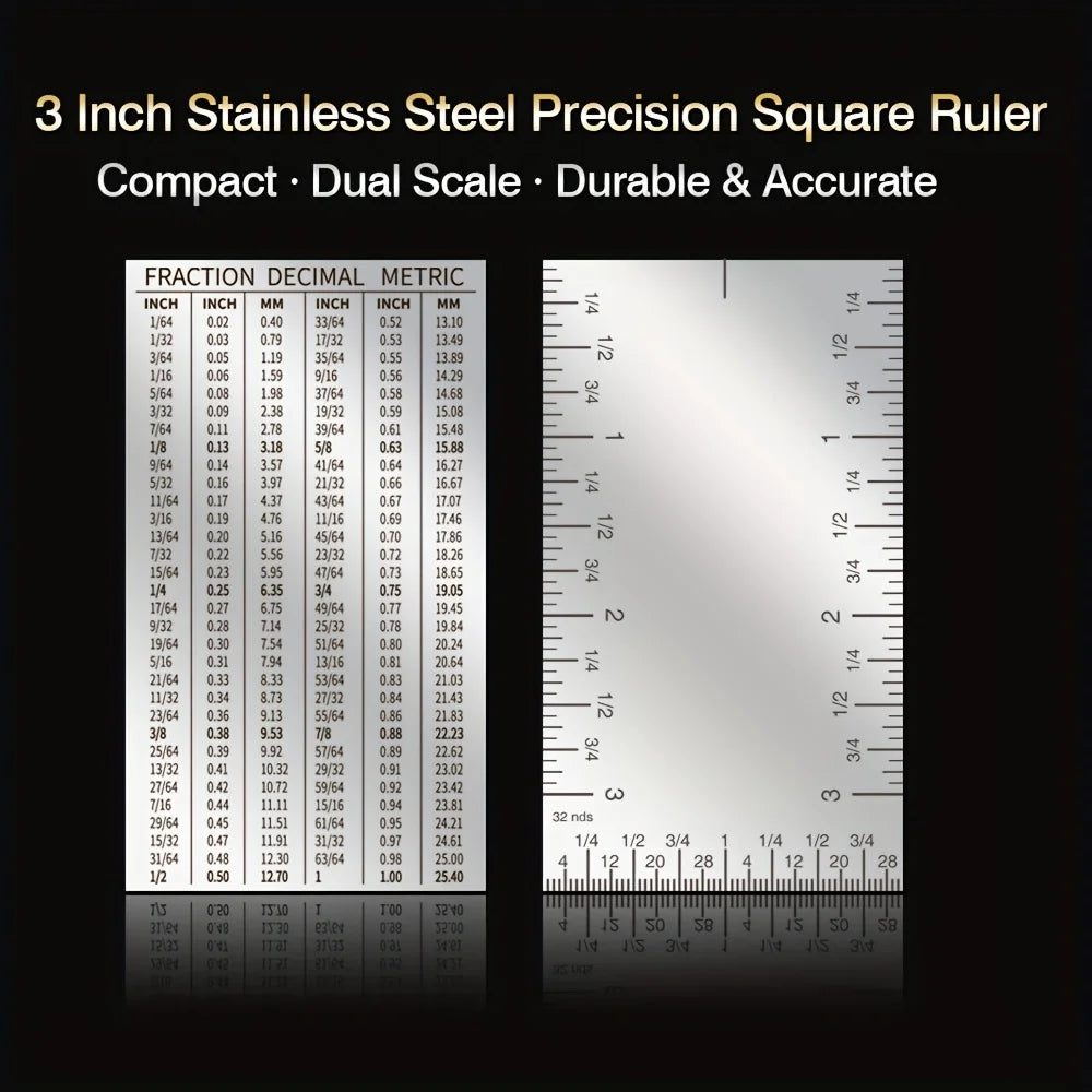 3-Inch Stainless Steel Precision Square Ruler, Dual Scale Metric/Imperial Conversion, Compact & Portable Pocket Measuring Tool