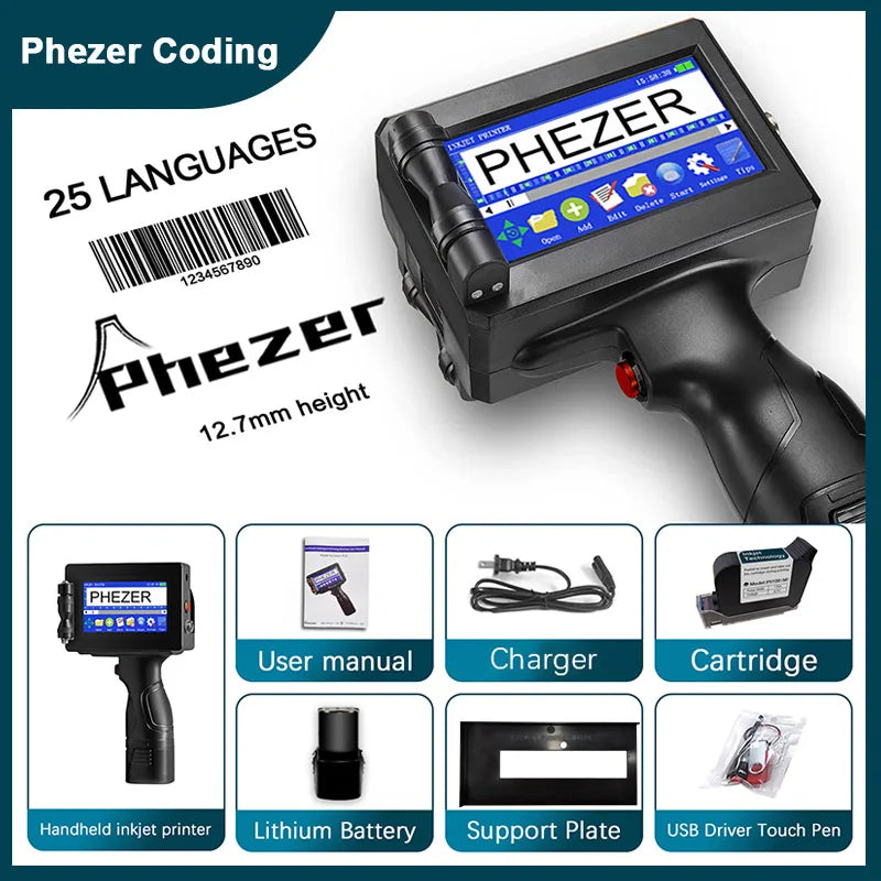 For Hp Phezer 12.7mm Label Printer Batch Code Date Number QR Bar Logo Expiry P15  Handheld Inkjet Printer 28 Languages Portable