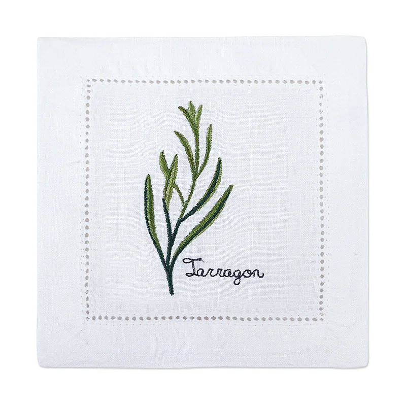 New Embroidered Herb Cocktail Napkin, Pure Linen, Lavender, Rosemary, Mint，Sage，Natural, Elegant, Tea Napkin, 15x15cm,