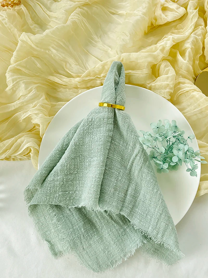 10pcs 32x32cm Gauze Cotton Wedding Napkins Reusable Green Trim Tea Towel Rustic Retro Burrs Napkins for Party Table Decoration