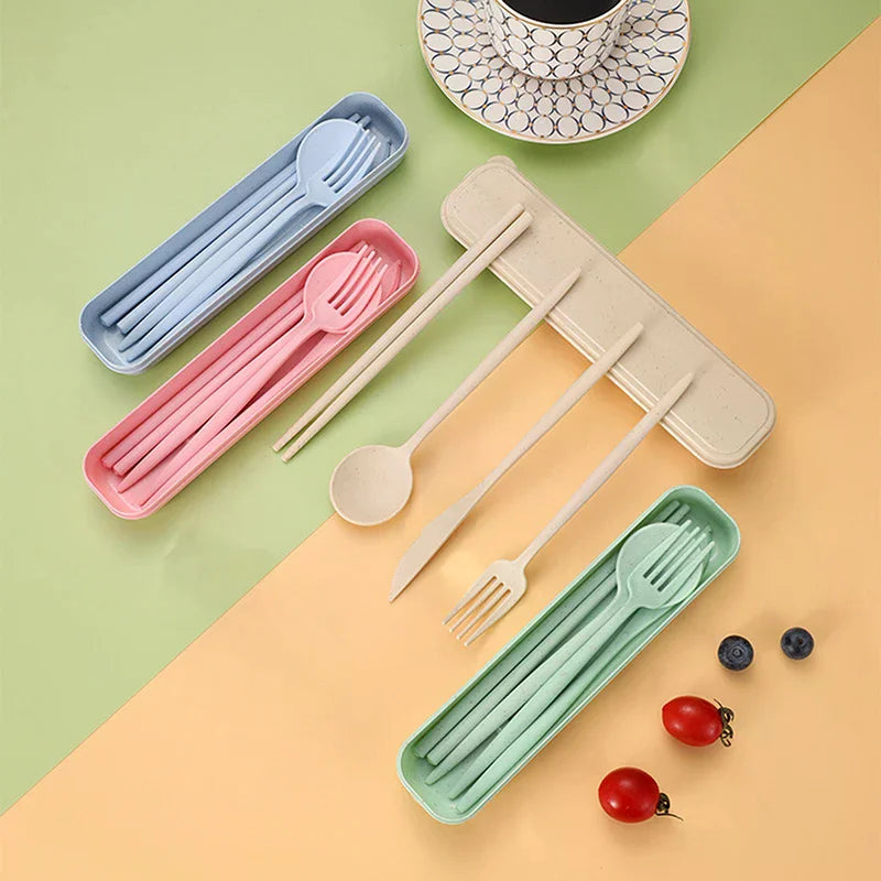 Eco-Friendly Wheat Straw Cutlery Reusable Chopstick Fork Knife Spoon Tableware Set 4Pcs/Set Portable Utensils With Box Healthy