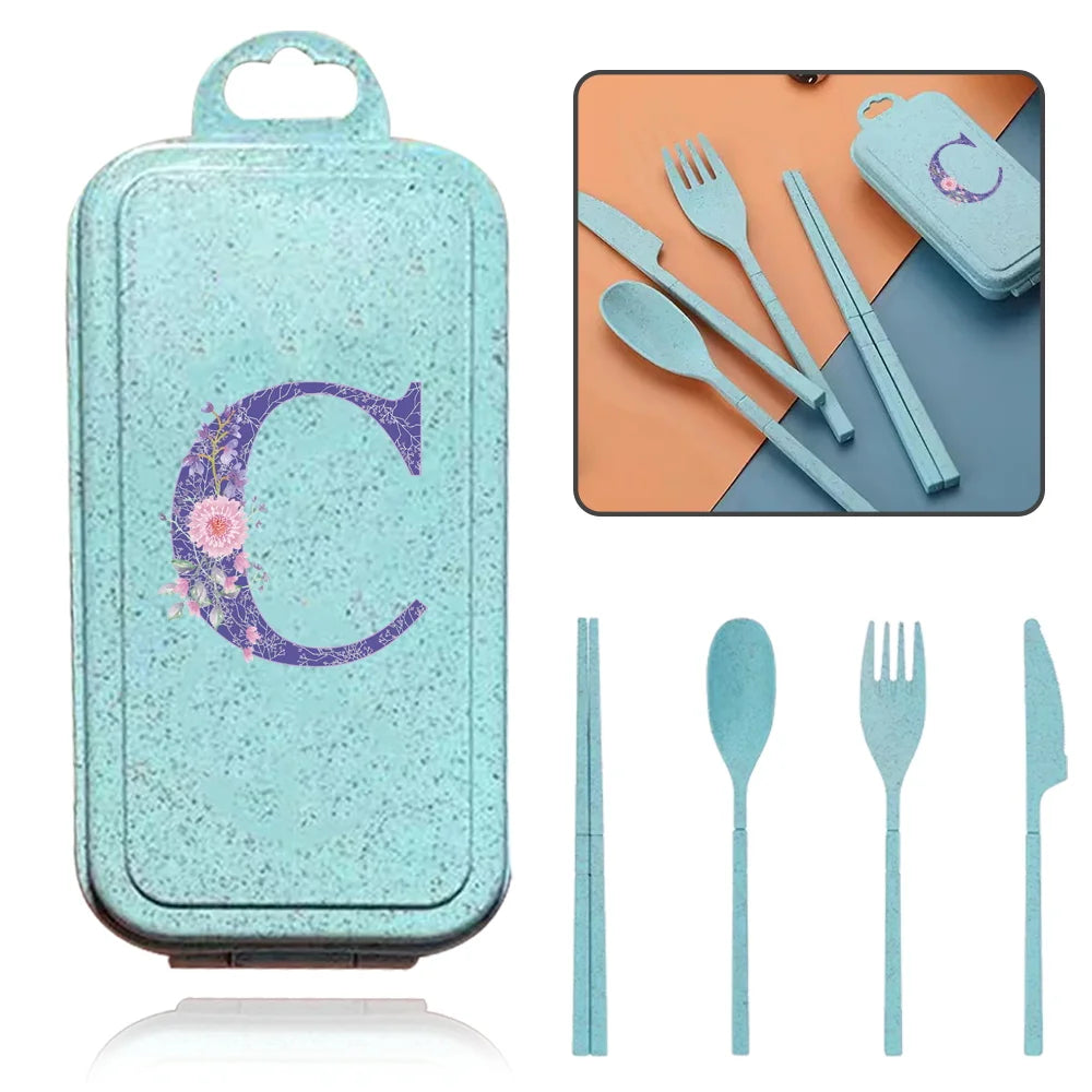 4Pcs Wheat Straw Cutlery Knife Spoon Fork Chopsticks Portable Set Plastic Detachable Dinnerware Purple Flower Letter Pattern