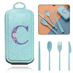 4Pcs Wheat Straw Cutlery Knife Spoon Fork Chopsticks Portable Set Plastic Detachable Dinnerware Purple Flower Letter Pattern