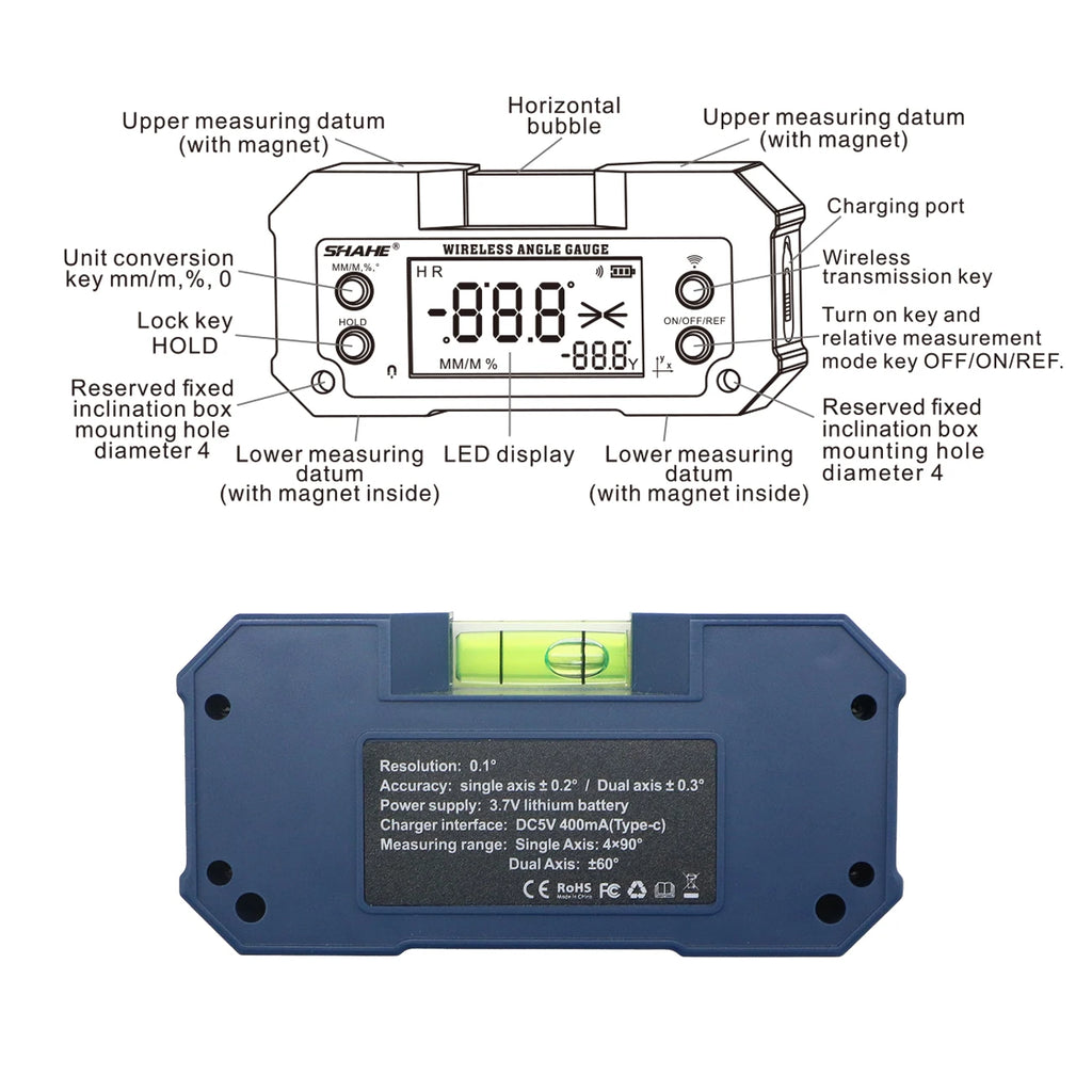 SHAHE Rechargable Digital Protractor Inclinometer Digital Angle Finder Level Box Angle Measuring Tools