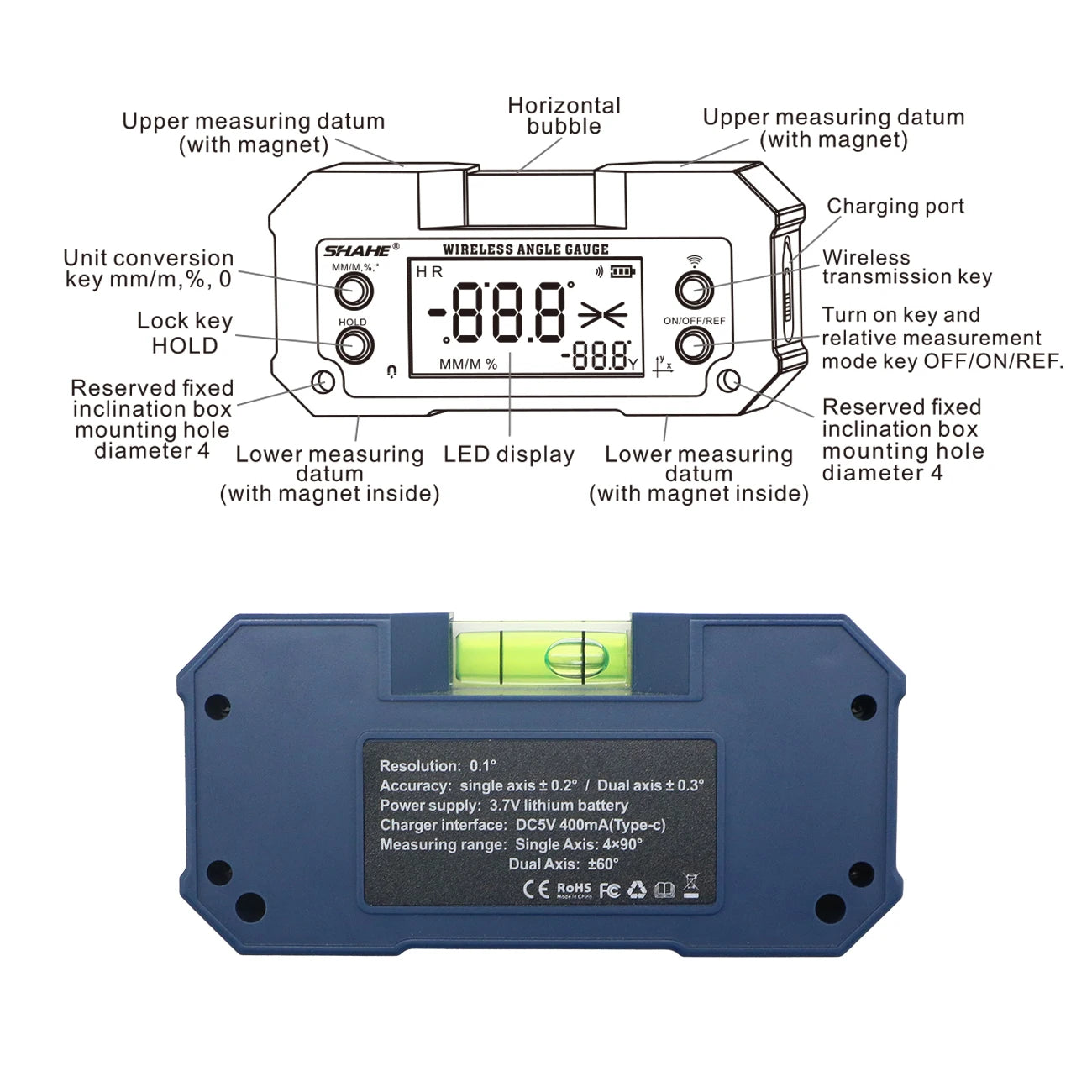 SHAHE Rechargable Digital Protractor Inclinometer Digital Angle Finder Level Box Angle Measuring Tools