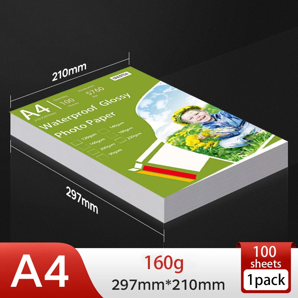 A4 100 Sheets Glossy Photo Paper 8.27 * 11.69 Inch 160gsm 120g High Gloss Quick Dry for Canon Epson HP Color Inkjet Printer