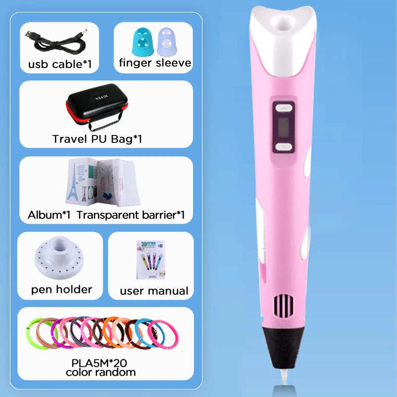 3D Pen With LCD Screen Compatible PLA Filament Toys 3D Drawing Printing Pen for Children DIY Christmas Birthday Gift