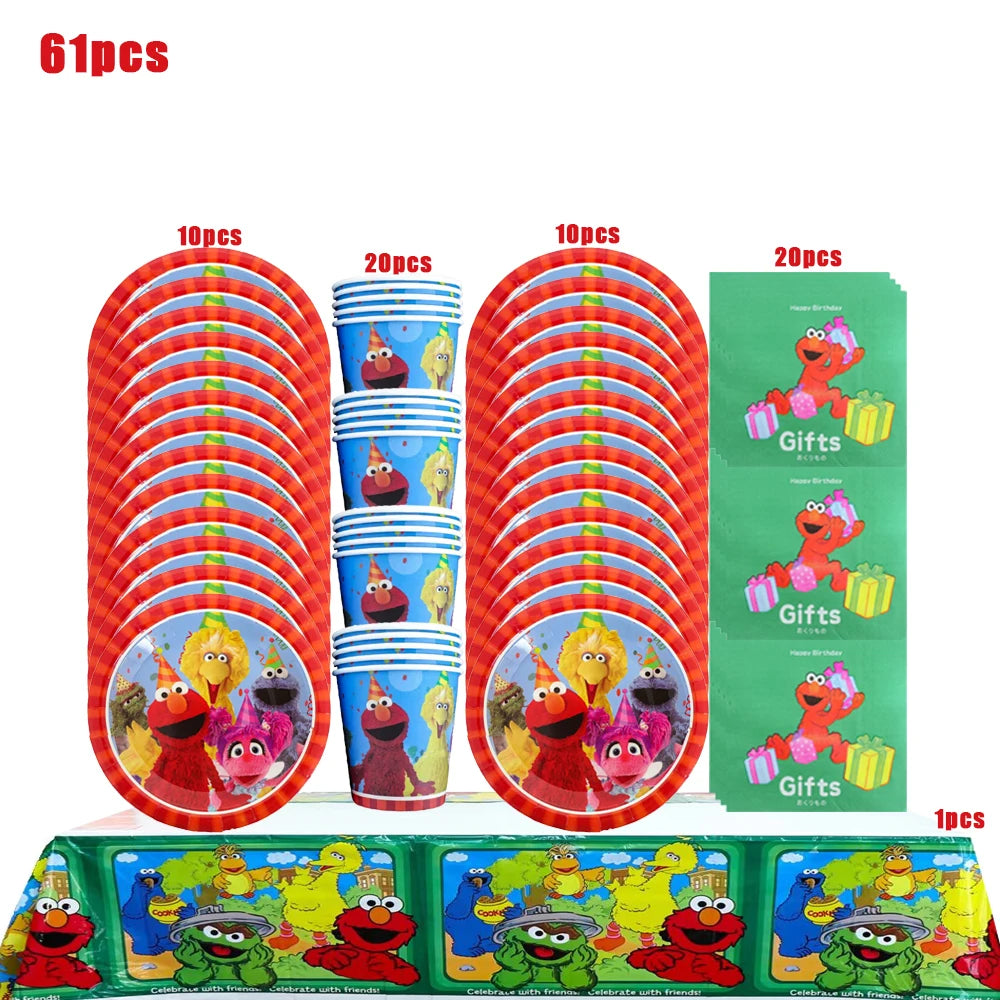 Cartoon SEsame-Streets Birthday Party Set Supplies Kids Disposable Tableware Balloon Cake Topper Banner Plates Decoration