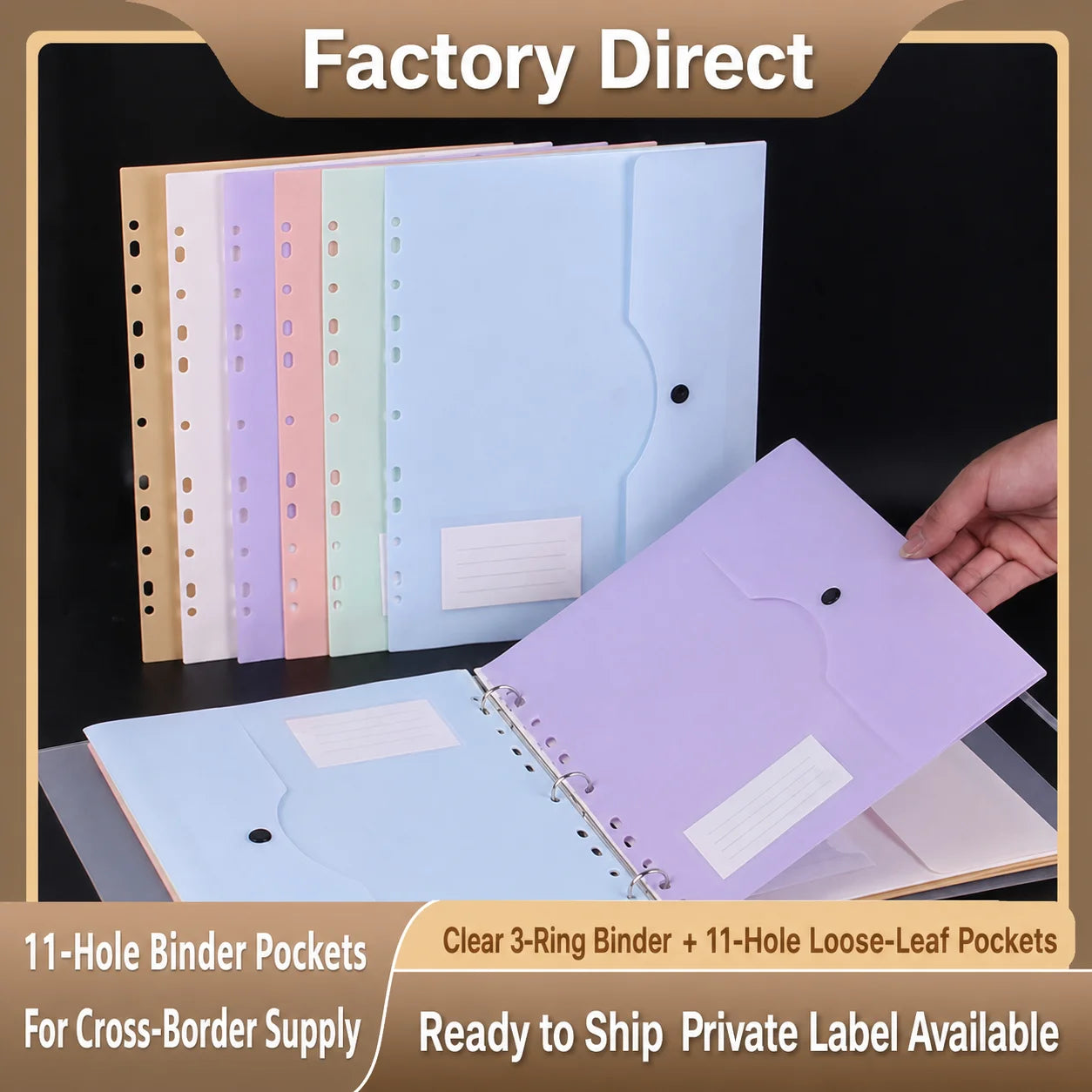 1 Folder + 6 Document Pouches, Transparent 3-Ring A4 Binder With 11-Hole Loose Leaf Pockets School Office Document Organizer