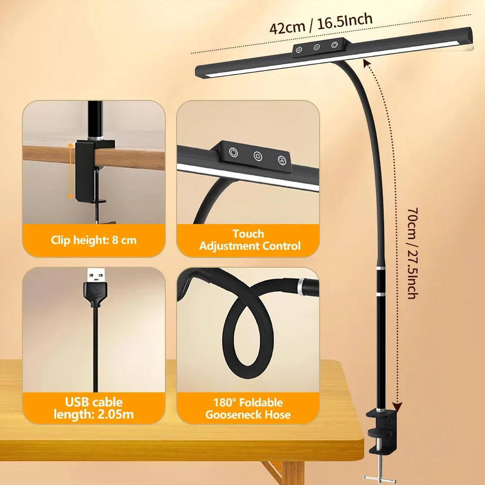 Single Double Triple Head LED Clip Desk Lamp Dimmable USB Eye-Caring Architect Table Lamp Computer Monitor Light for Office Home