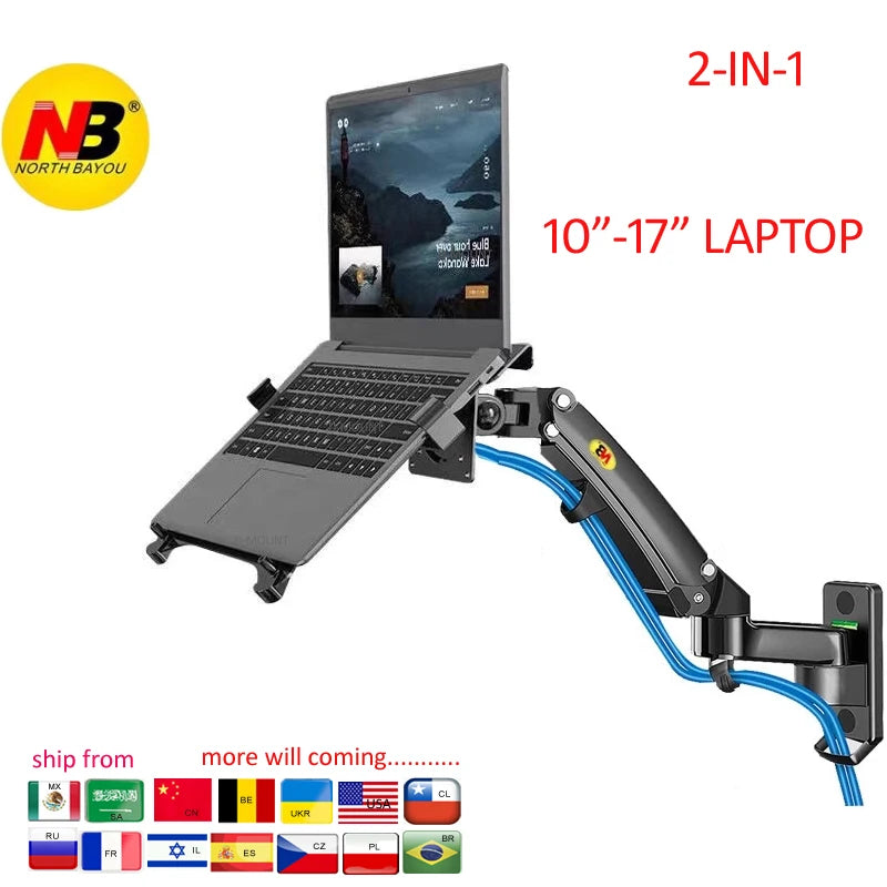 NB F150 F15T 3-12kg 100x100 Gas Spring Dual Arm Laptop Wall Mounted Bracket 13'-27' Notebook Holder Stand Aluminum Retractable