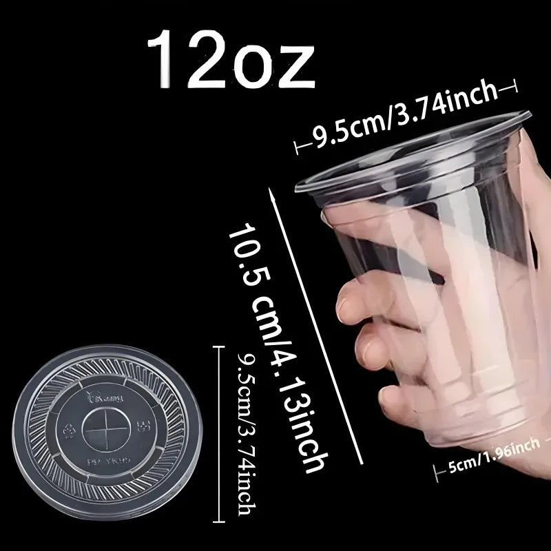 50PCS Clear Disposable Plastic Cups Flat Lids Drinking Cup for Party Wedding Ice Coffee Milkshakes Smoothies Cold Drinks