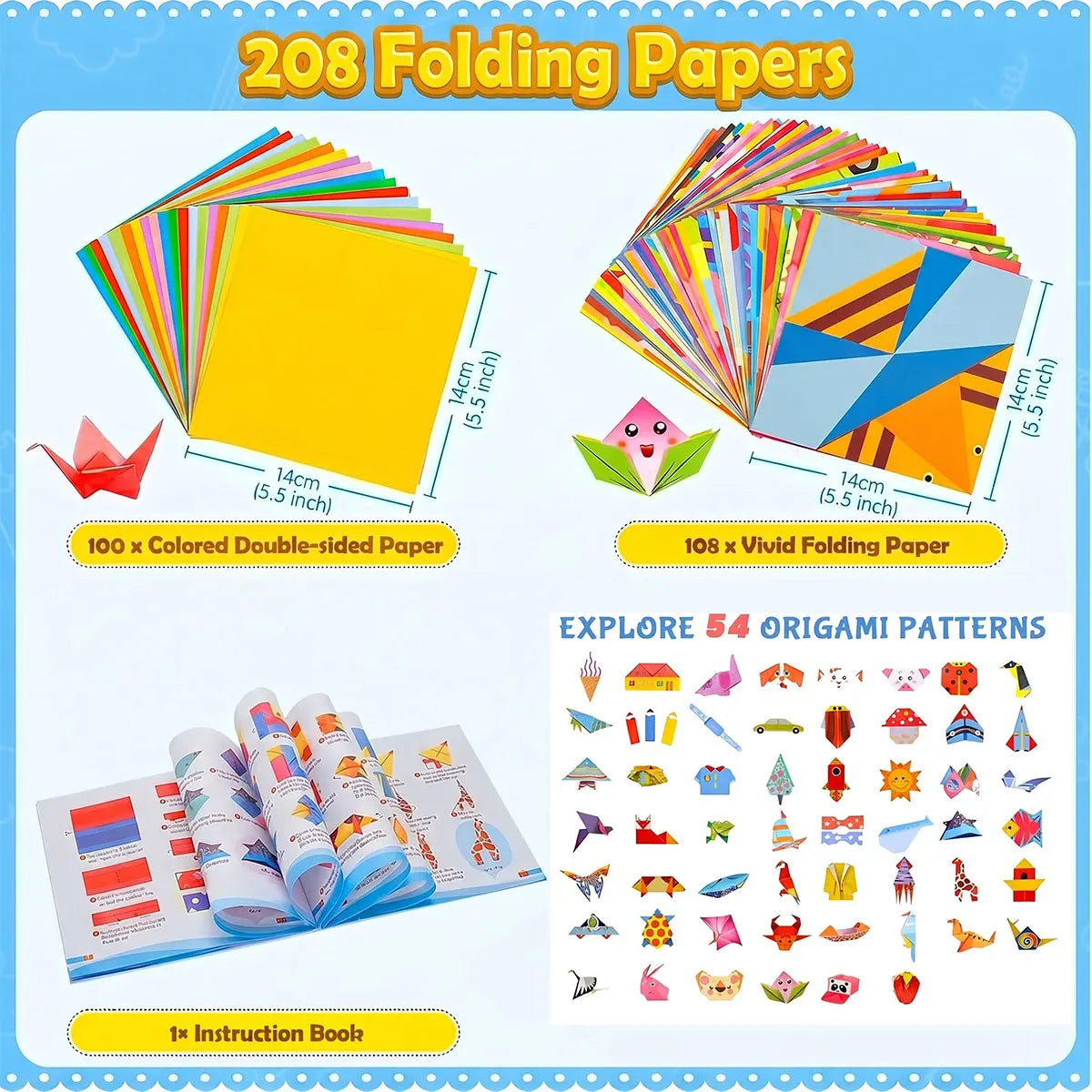 Origami Paper Set 96-208Pcs Craft Paper Kit with Instructional Book Art Projects Supplies for School Class Craft Lessons Gifts