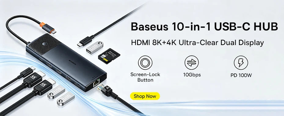 Baseus 11-IN-1 USB C HUB HDMI DP 4K@60Hz MST Triple Display USB 3.2 Splitter with RJ45 3.5mm Mic PD100W Magnetic Docking Station