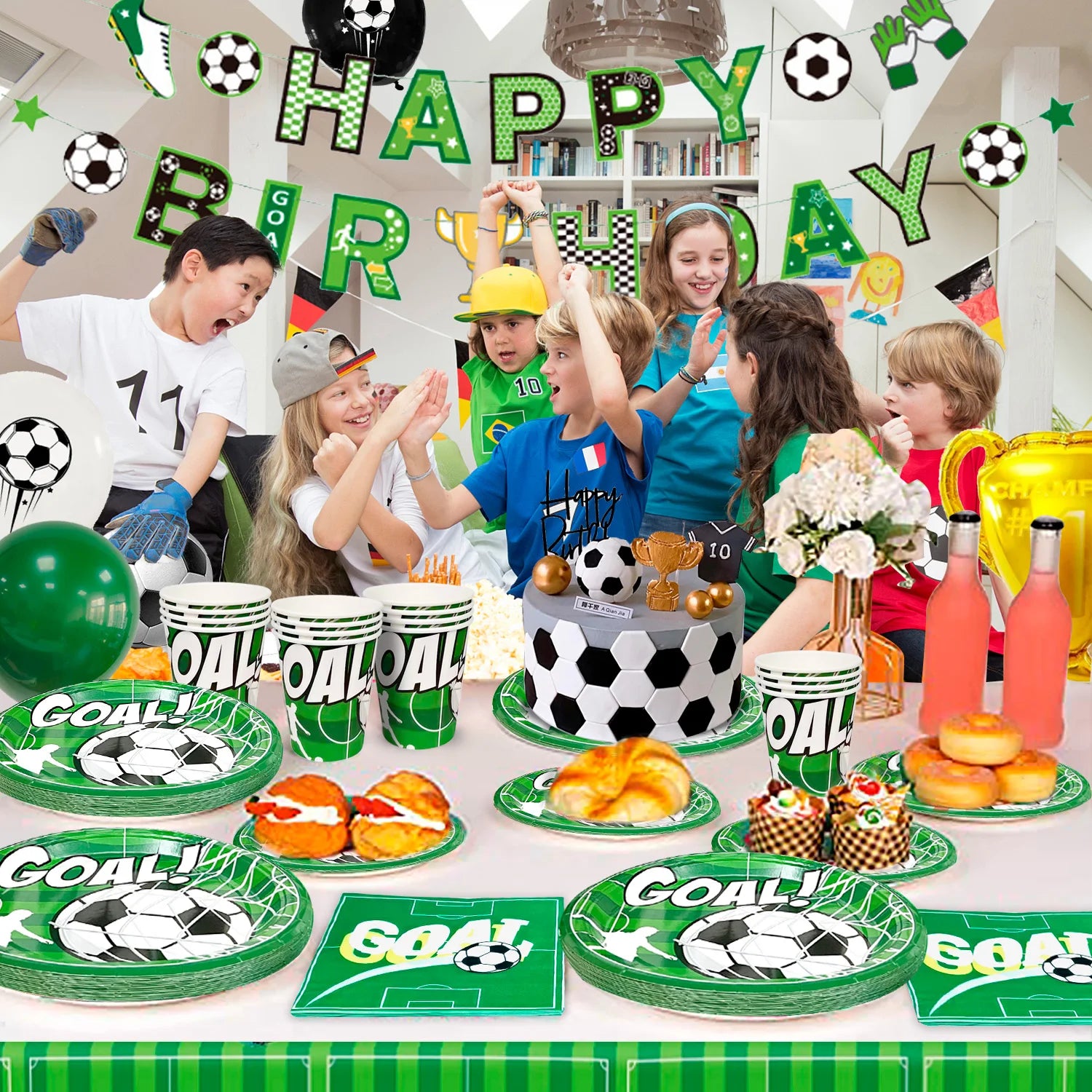 Soccer Party Decorations,113pcs Party Decorations&Tableware Set-Soccer Birthday Banner Balloons Whistle Keychain Plates etc