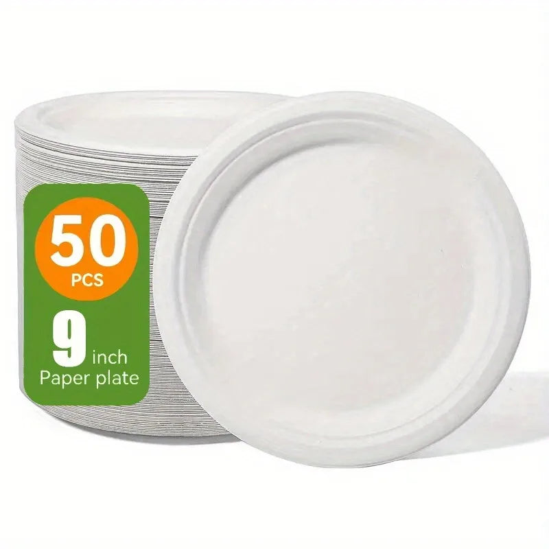 50PCS Disposable Round Plates Disposable Kitchen Dishes Barbecue Pasta Salad Noodle Desserts Restaurant Circular Paper Plates
