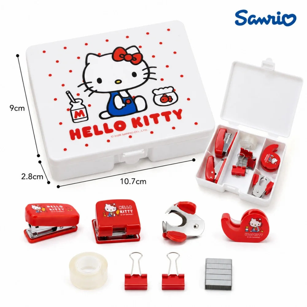 Genuine Hello Kitty Sanrio Desktop Stationery Kit Mini Stapler Tape Clips Staples Storage Box Study Office Supplies Gifts