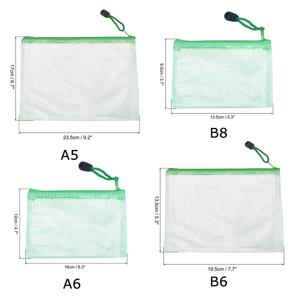 6Pcs Waterproof PVC Mesh Zipper Pouch A5/A6/B6/B8 Size File Document Pockets Bill Bags Folders for Office Home Stationery Supply