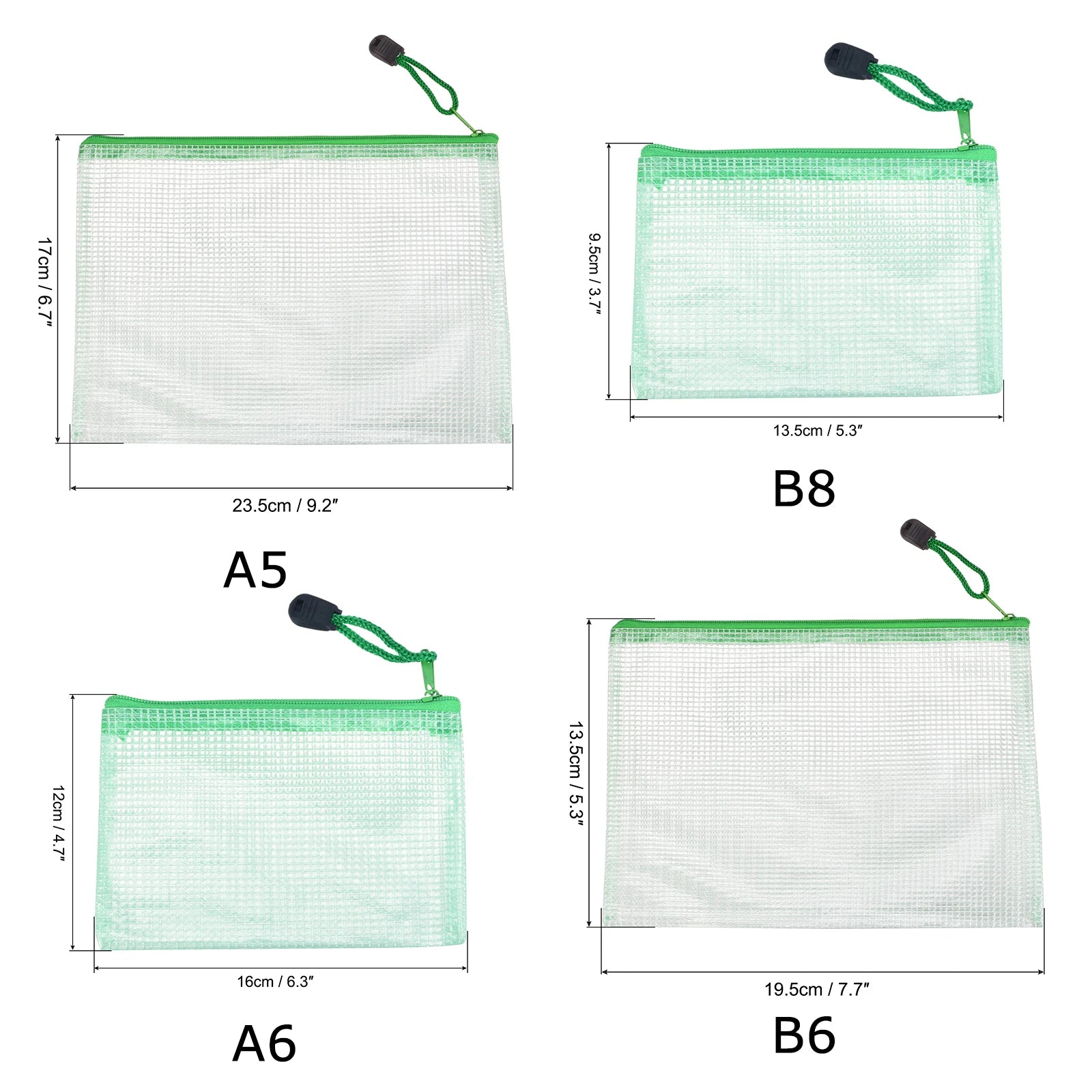 6Pcs Waterproof PVC Mesh Zipper Pouch A5/A6/B6/B8 Size File Document Pockets Bill Bags Folders for Office Home Stationery Supply