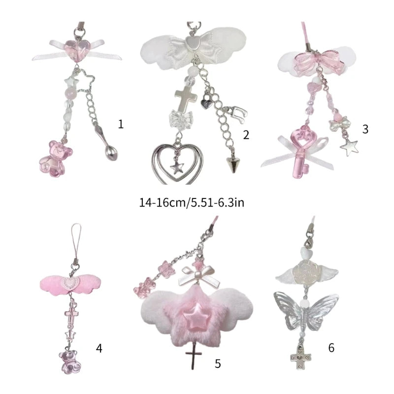 Sweet Bowknot Pendant Phone Chain Rope Wing Keychain Handmade Cellphone Strap Lanyard Acrylic Keyring Bag Ornament