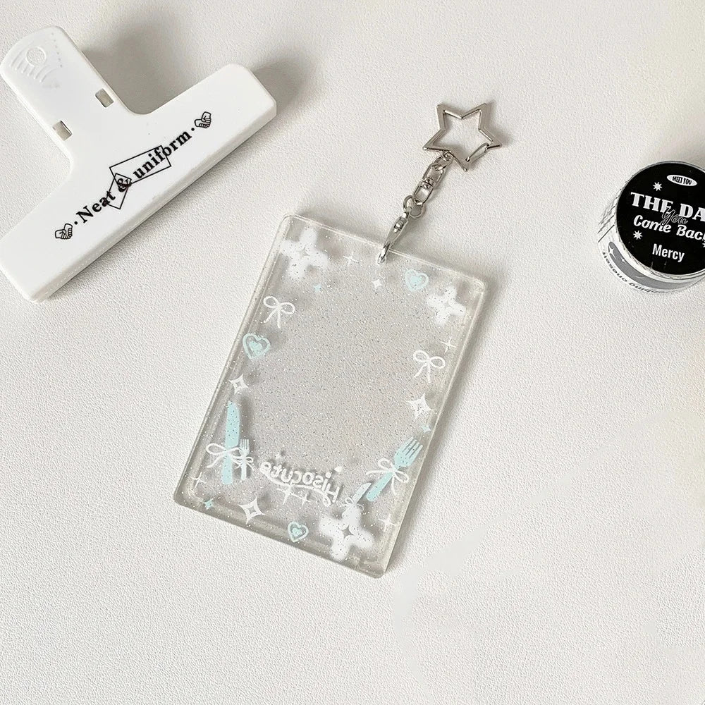 1PC Colorful Graffiti Love Glitter Card Sleeve Transparent Three-inch Mini Card Protector Key Chain Pendant Photo Holder