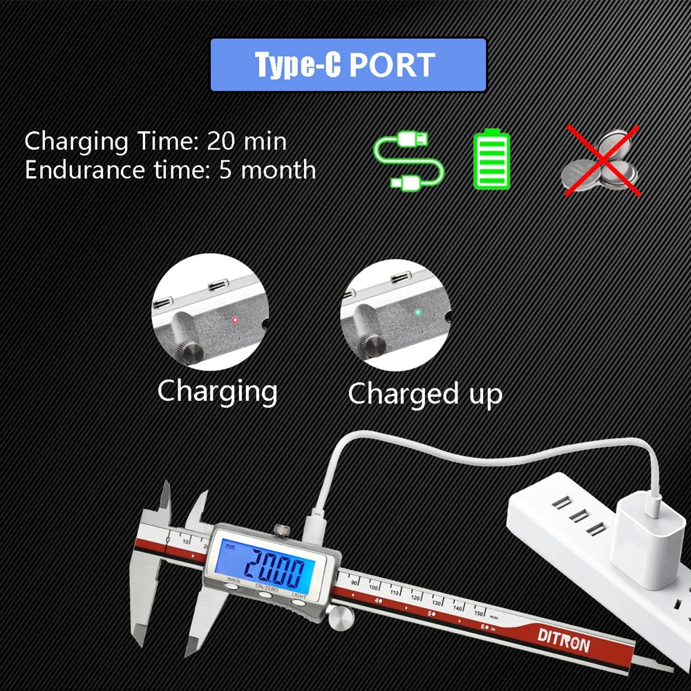 MaxGeek Rechargeable Digital Vernier Caliper with Back Light Function USB-C Charging Measuring Tools 150mm/200mm/300mm